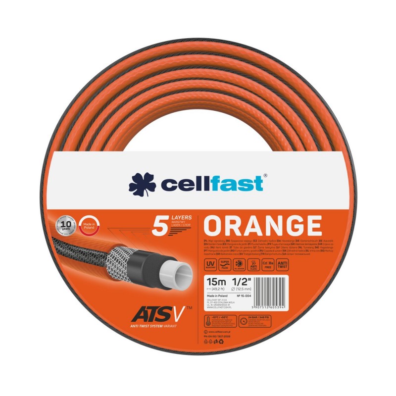 Poza Furtun pentru gradina Cellfast Orange, 5 straturi, 15 m, 24 bar, 1/2 inch, protectie UV, antirasucire, flexibil, Portocaliu