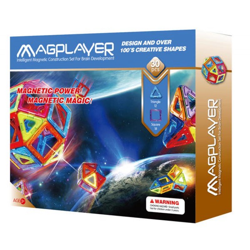 Joc de constructie magnetic Magplayer, 30 piese, 29 x 25 x 5.5 cm, 3 – 10 ani MAGPLAYER