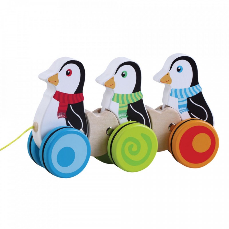 Jucarie de tras Pinguini Jumini, 22 x 6.1 x 12.5 cm, lemn, 1 an+, Multicolor