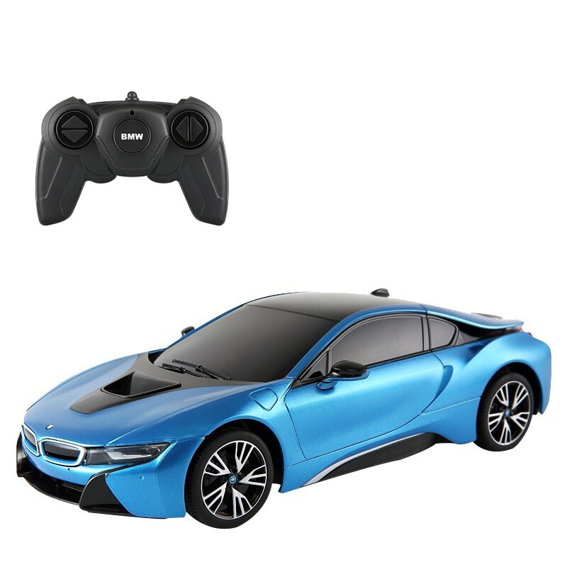 Masina cu telecomanda BMW I8 Rastar, 26 x 12 x 7.4 cm, 4 x AA, 10 km/h, tractiune 2 WD, anvelope cauciuc, Albastru