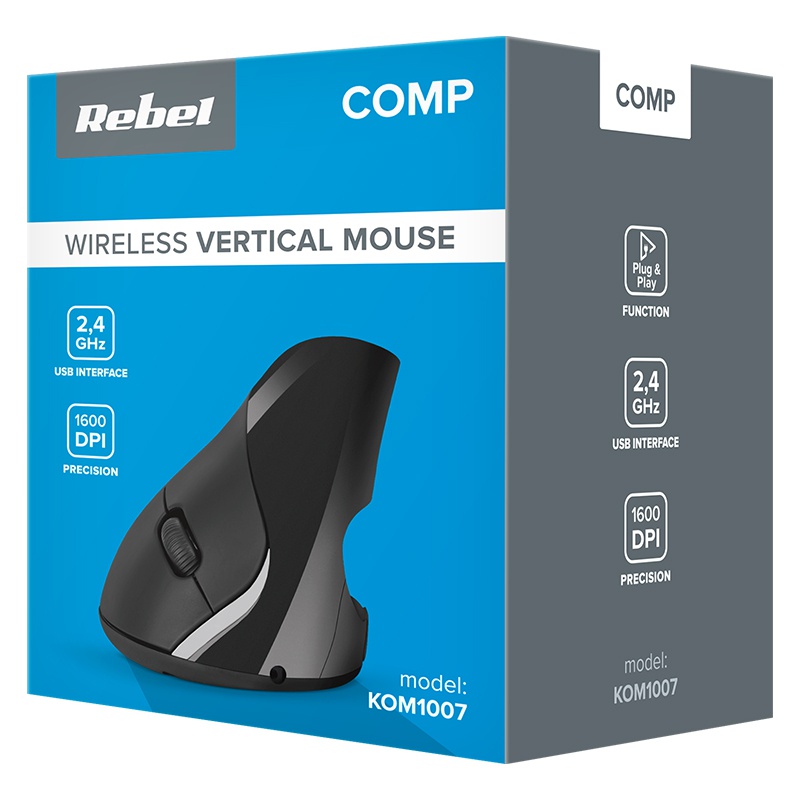 Mouse vertical Wireless Rebel, 800-1600 dpi, 5 butoane, ABS, USB 2.0, Negru