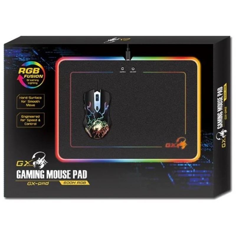 Mousepad Gaming Genius 600H, 320 x 250 x 5.5 mm, Baza cauciucata, 3 nivele iluminare RGB, Plastic, Negru