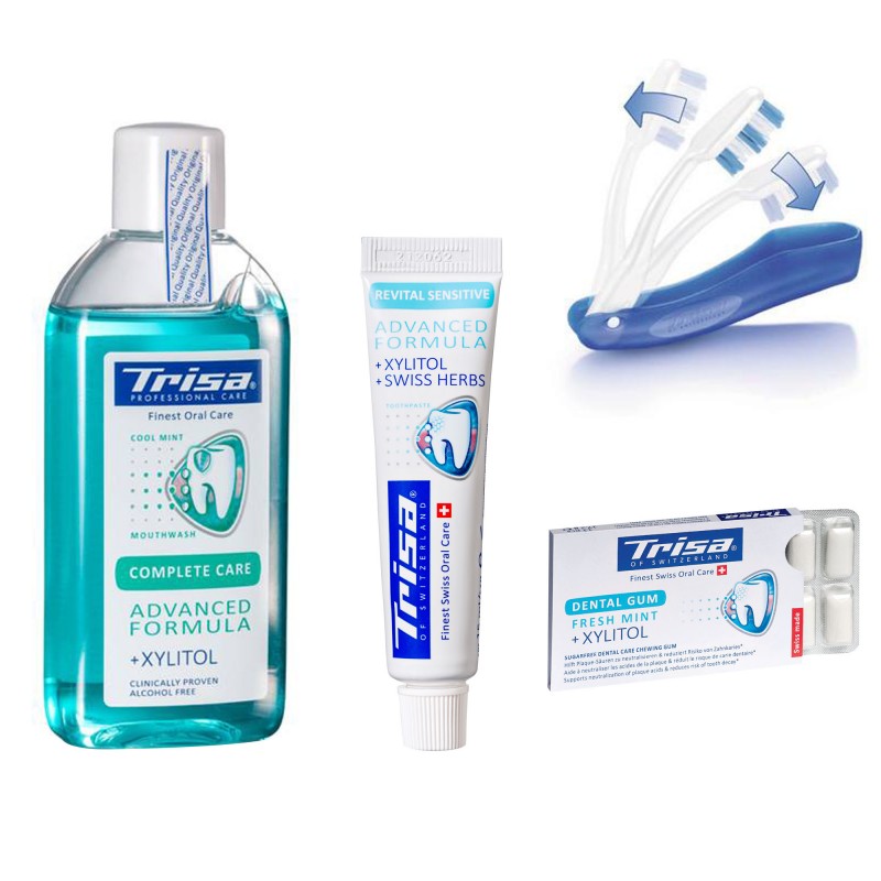 Pachet Trisa Travel, pasta de dinti 15 ml, periuta dinti Trisa travel plus, pastile dentare, apa de gura 100 ml