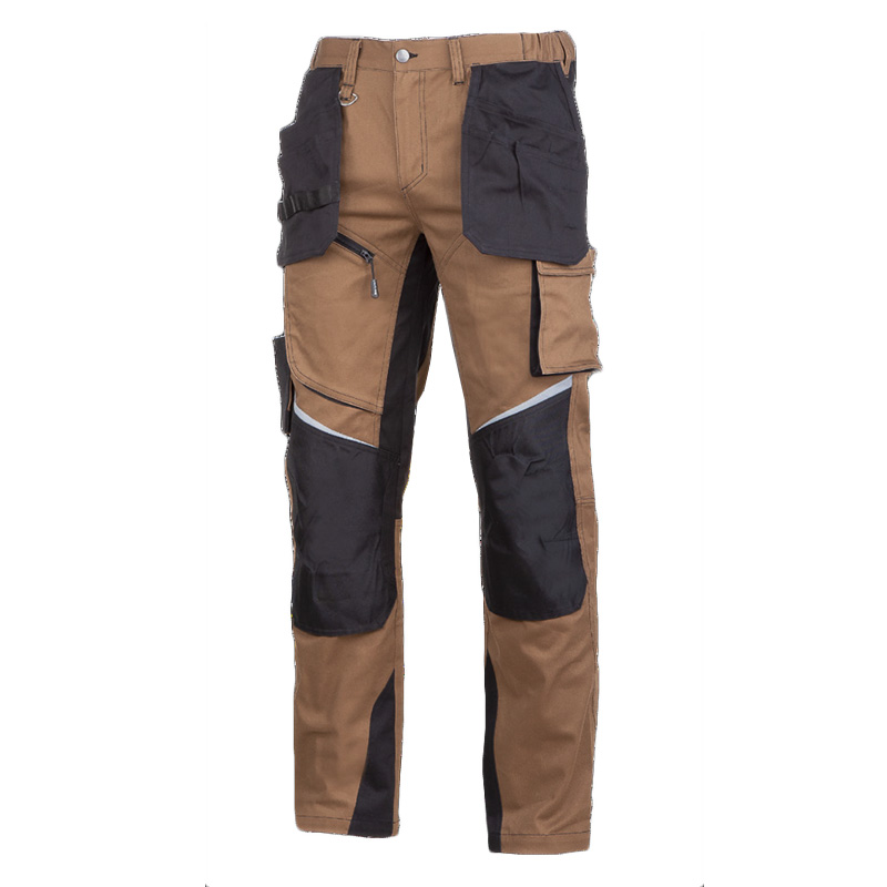 Pantaloni elastici slim-fit Lahti Pro, marimea S, 164 cm, bumbac/elastan, poliester 600D, 13 buzunare, benzi reflectorizante, Maro/Negru LAHTI.PRO imagine noua