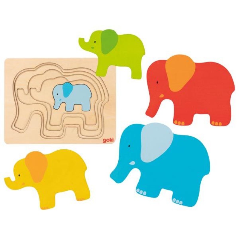 Puzzle stratificat Elefantii Goki, 5 piese, lemn, 2 ani+, Multicolor Goki