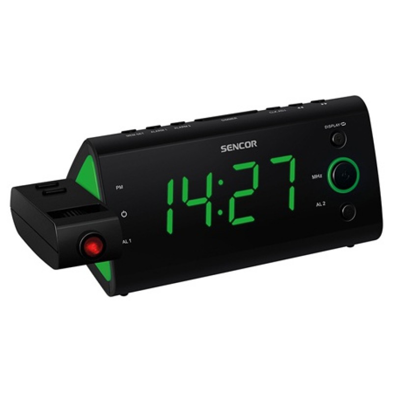 Radio cu ceas Sencor, ecran LED 1.2 inch, temperatura, alarma dubla, dimmer ecran, focalizare ajustabila, Negru/Verde Sencor