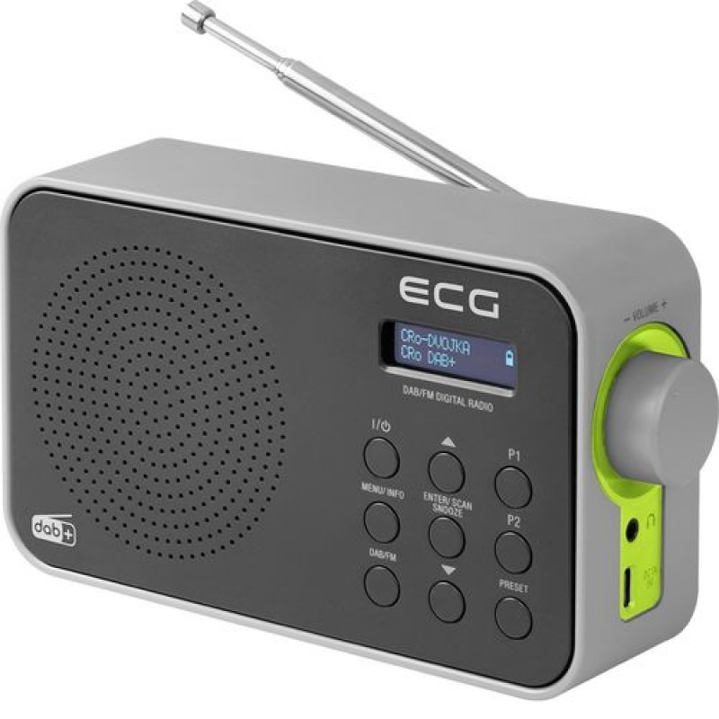 Radio ECG, 1.2 W, Tuner FM, Alarma, Memorie 30 de posturi, Antena telescopica, Cablu USB Type C, Gri/Verde ECG