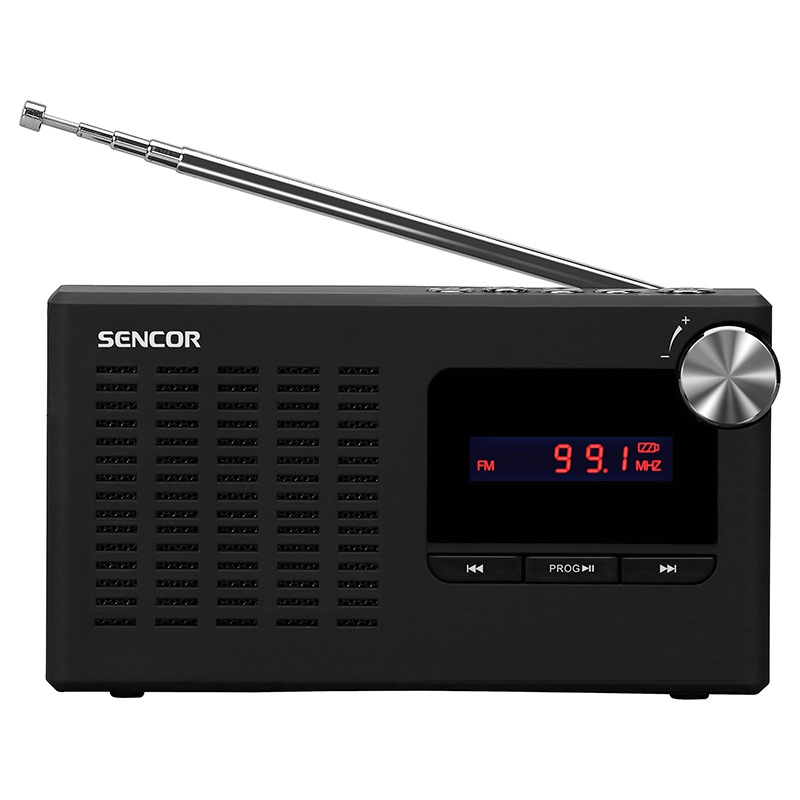 Radio portabil Sencor, 1.2 W RMS, difuzor 1.75 inch, slot Micro SD, USB, jack 3.5 mm, temporizator, control volum rotativ, antena telescopica, Li-Ion 800 mAh, Negru 