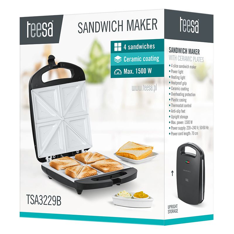 Sandwich Maker Teesa, 1500 W, LED, termostat, placi ceramice