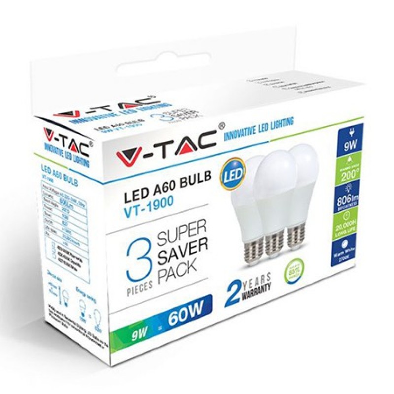 Set Becuri LED V-Tac, A60, 9 W, E 27, 6400 K, 60 x 112 mm, 806 lumeni, 3 bucati shopu.ro imagine noua 2022