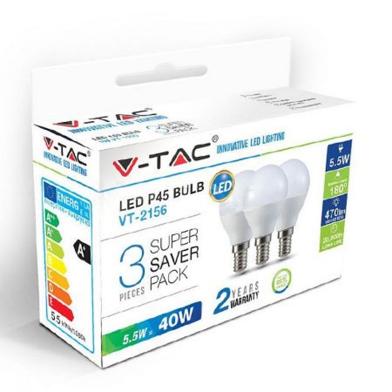Set 3 becuri LED, 470 lm, soclu E27, 5.5 W, 6000 K, alb rece General