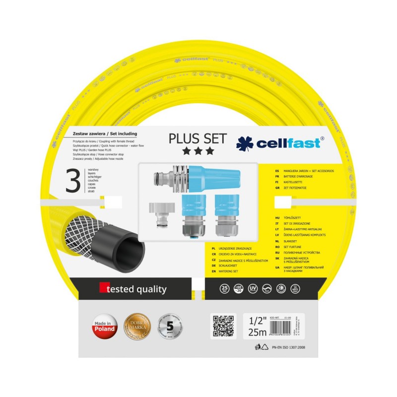 Set furtun gradina Cellfast Plus, 25 m, 25 bar, 3 straturi, protectie UV, flexibil, duza reglabila, conector 1/2 inch, adaptor cu filet, Galben Cellfast imagine noua