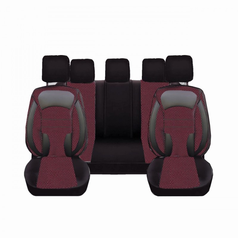 Set huse scaune auto DeluxeBoss, 11 piese, stofa cu piele ecologica, negru cu rosu DeluxeBoss