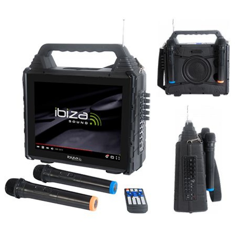 Set portabil pentru karaoke, 150 W, 14.1 inch, 1024 x 768 px, ecran incorporat, 2 microfoane wireless, AUX General