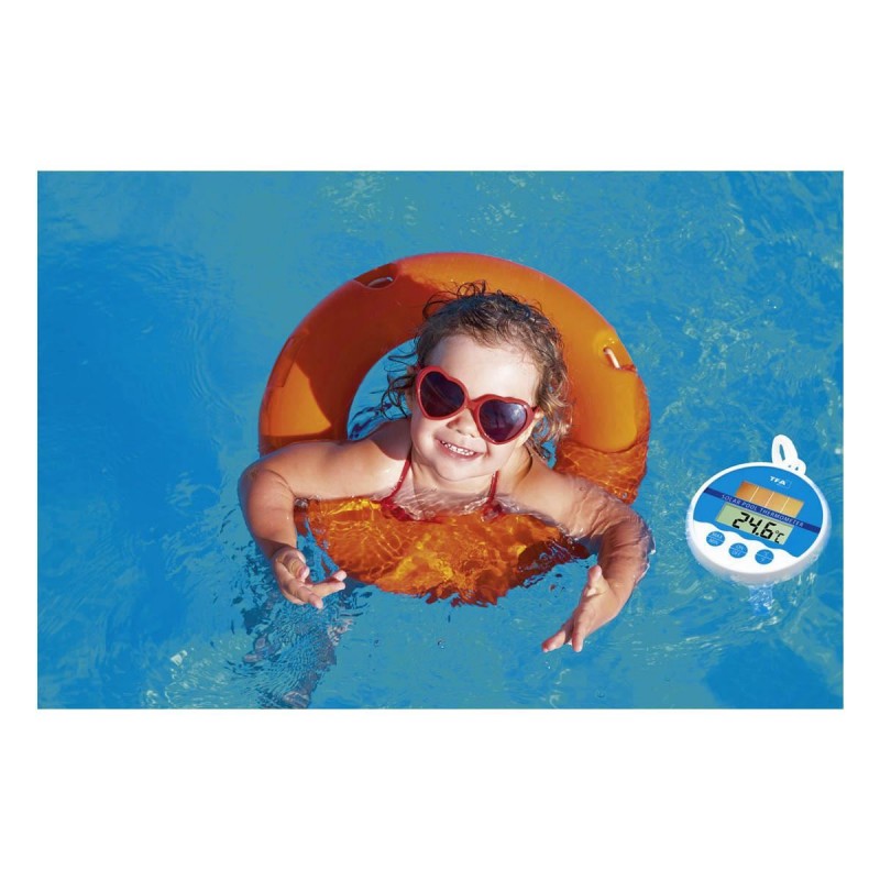 Termometru digital plutitor pentru piscina TFA, mini-panou solar, baterie back-up, cordon asigurare, alimentare energie solara