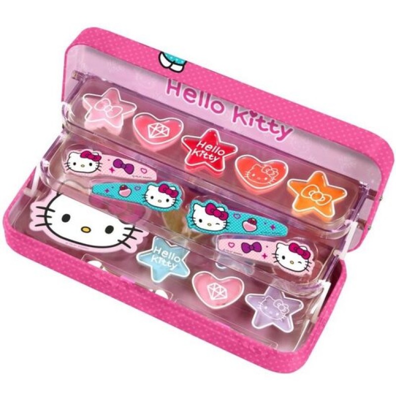 Trusa de machiaj etajata Hello Kitty, farduri, gloss de buze si accesorii, 3 ani+ Hello Kitty